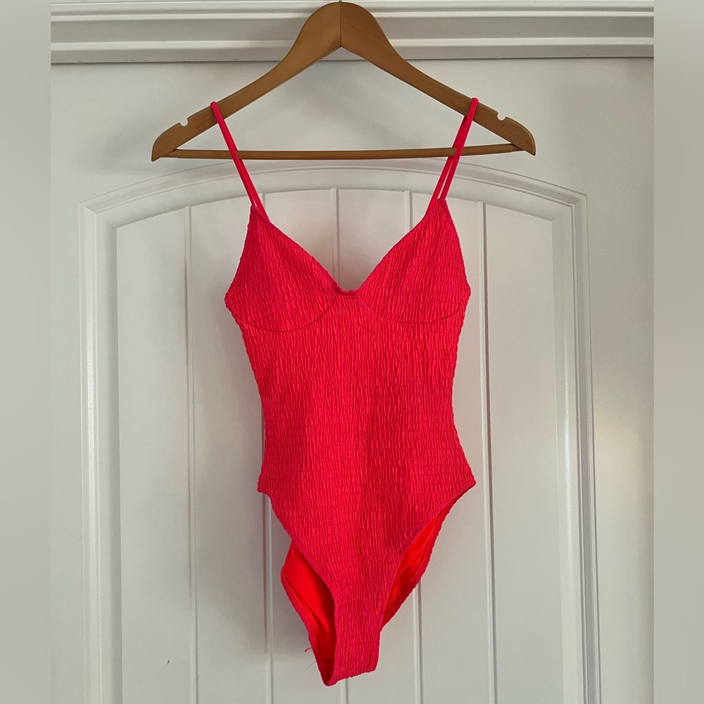 Topshop Hot Pink Crinkle Textured One Piece Swimsuit